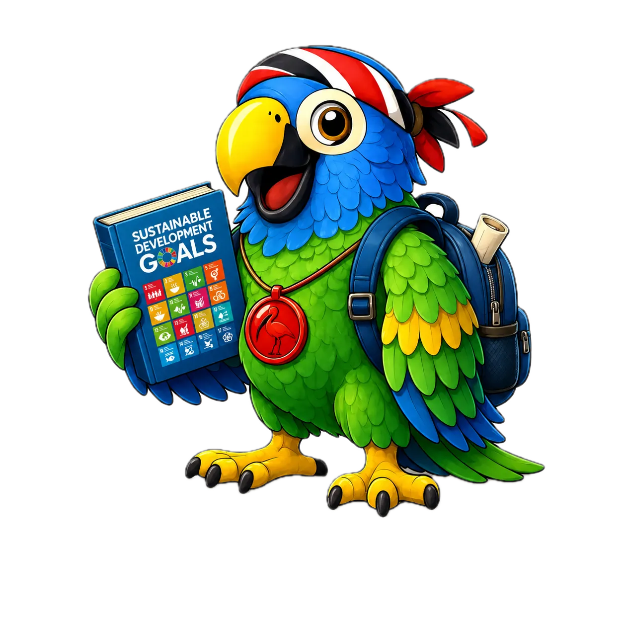 Schools' Treasure Chest mascot — Trinidad & Tobago parrot with SDG book